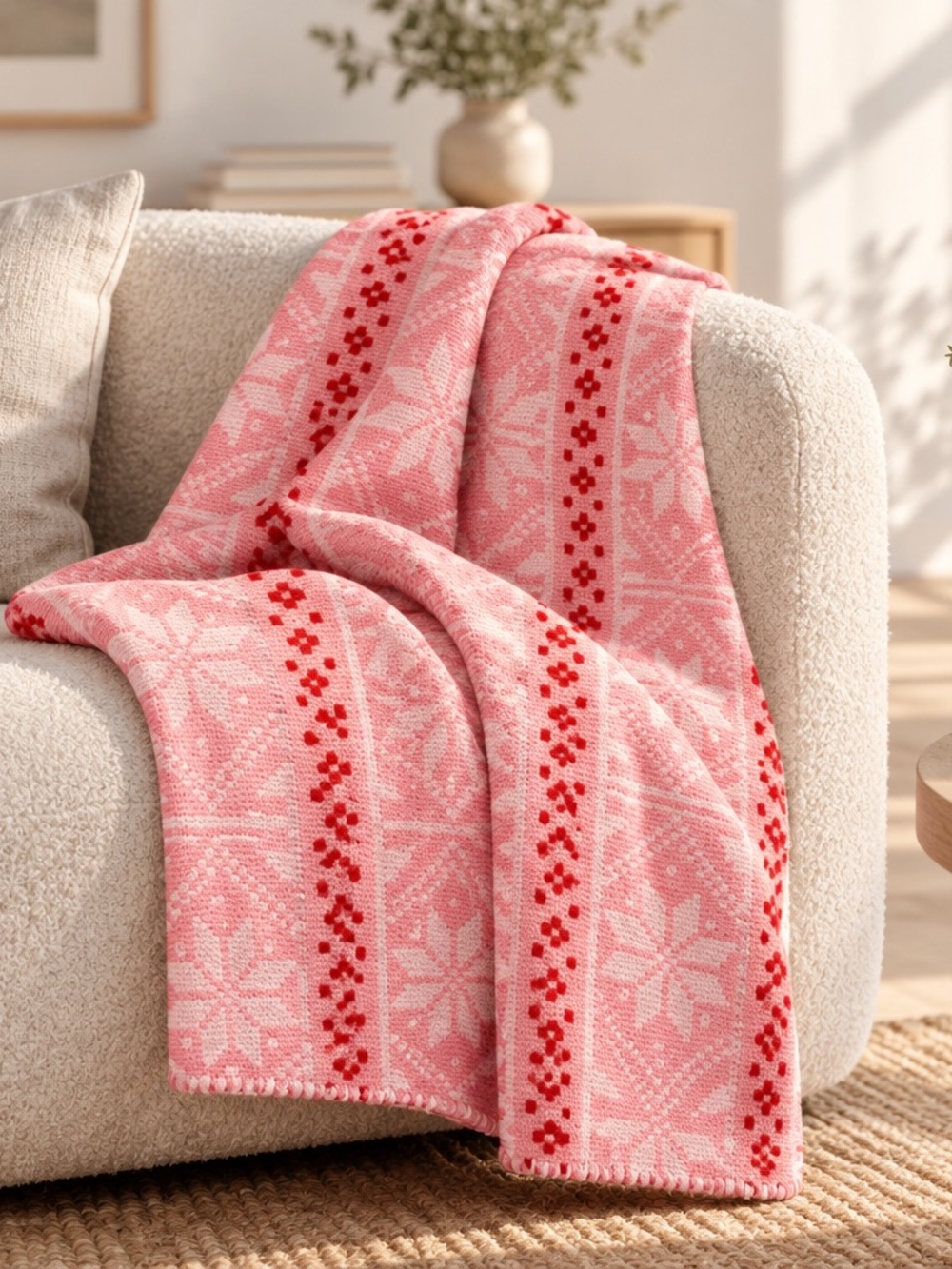 Pink Holiday Snowflake Throw Blanket with Red Accents NWOT 50 x 60